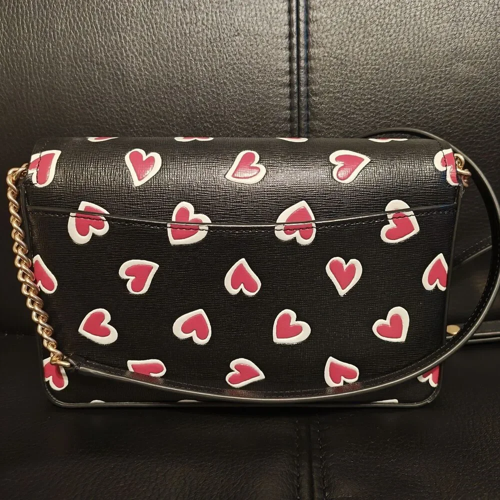 KATE SPADE Morgan Shoulder Flap Crossbody Bag Stencil Heart Print Black Red EUC